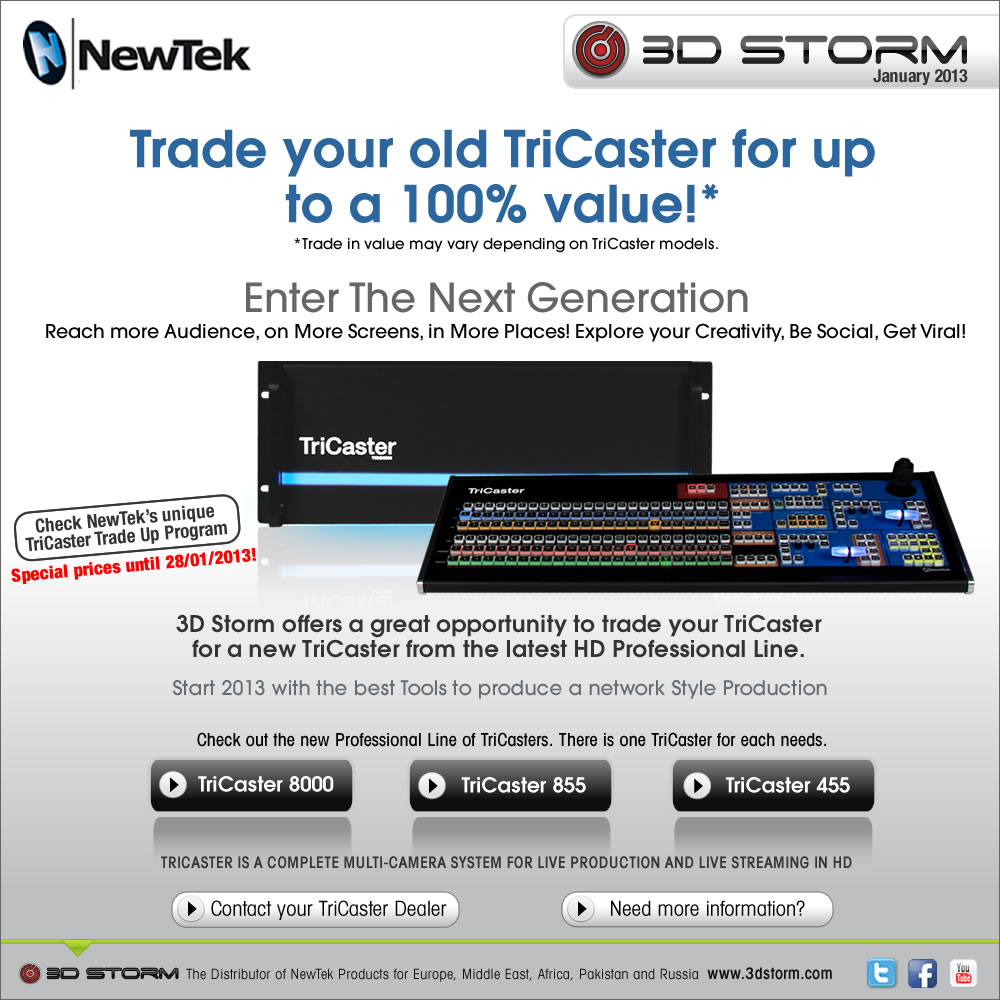 Visit NewTek @IBC 2012 Hall 7, Stand K11. TriCaster 8000 First Demo live in Europe. Book a meeting, contact us at info@newtek-europe.com
